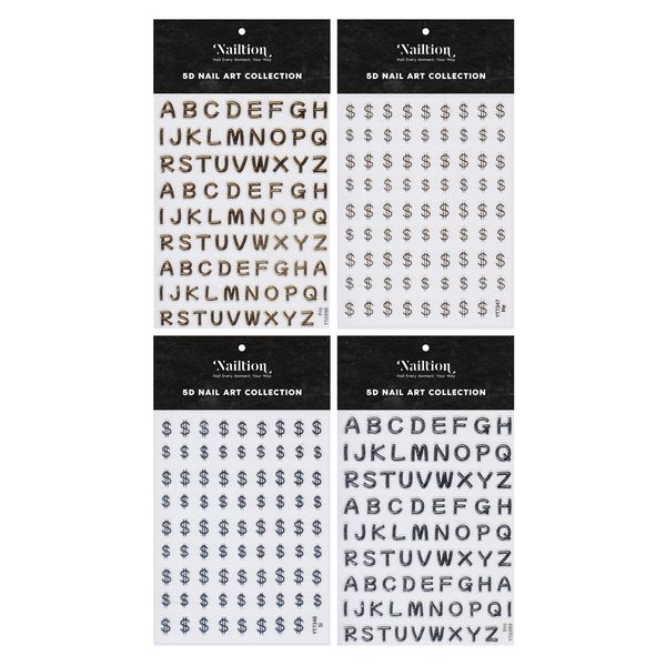 3D Embossed Nail Art Sticker Set - Gold &amp; Silver Dollar Signs/Letters 4Pcs