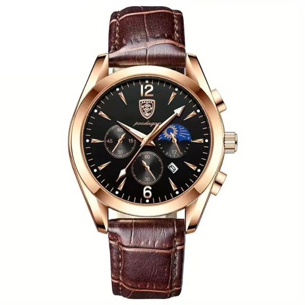 Poedagar - Men Black &amp; Gold Luxury Leather Analogue Watch