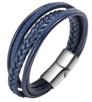 Trendy Genuine Leather Bracelets Multilayer Braided Navy &amp; Silver Clasp