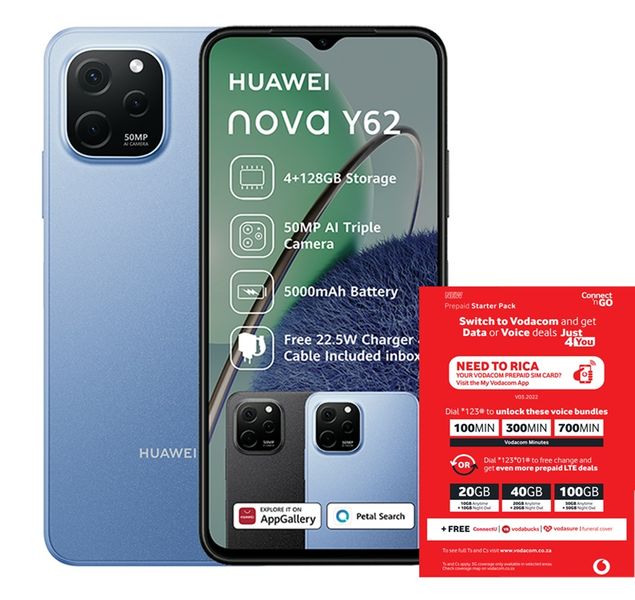 Huawei Nova Y62 128GB LTE Dual Sim - Sapphire Blue + Vodacom SIM Card Pack