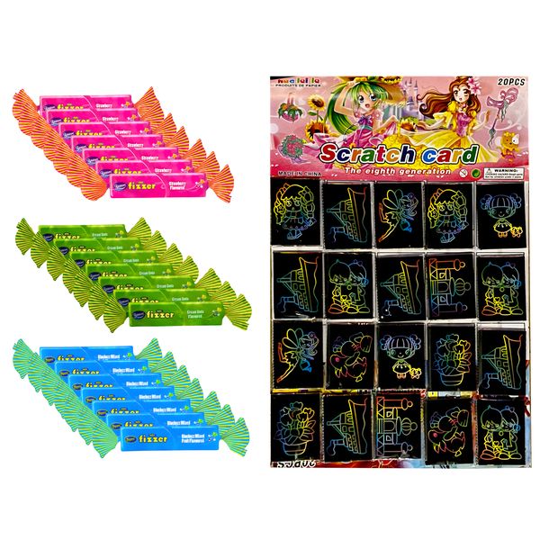 Kids Party Snacks/Prizes- 20 Scratch Cards +21 Mini Fizzer Sweet 3 Flavours