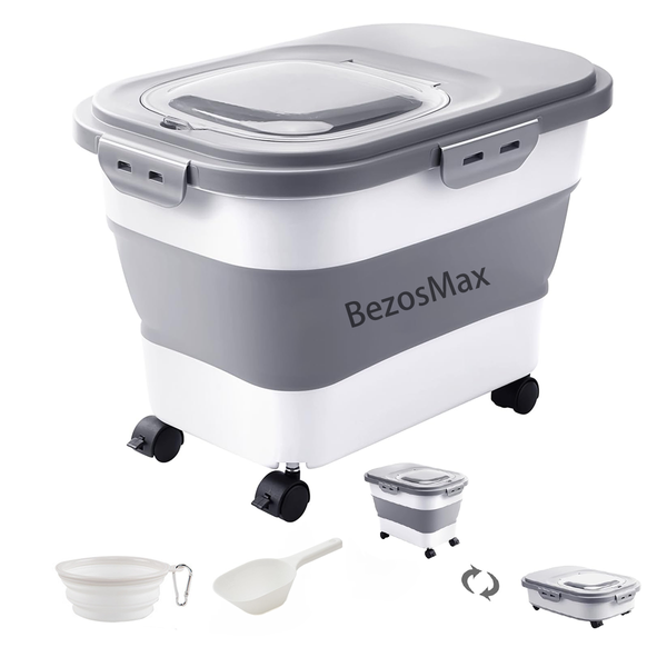 BezosMax 3 in 1 Foldable Dog Food Container 23 Lbs Rolling Wheels Sealed