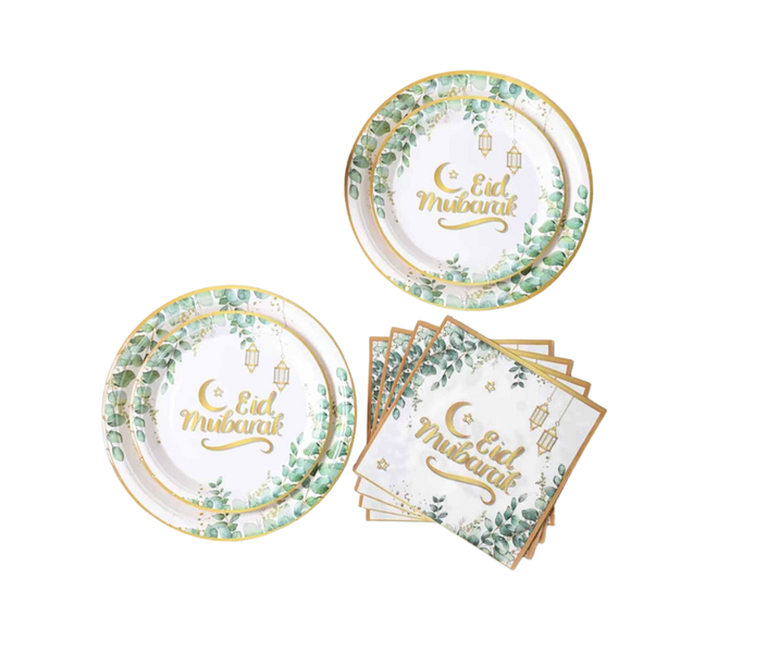 Eid Mubarak Disposable Tableware Green and Gold Leafy Design Plate