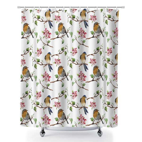 Floral and Bird Print Shower Curtain for Bathroom with 12 Hooks, 180x180cm