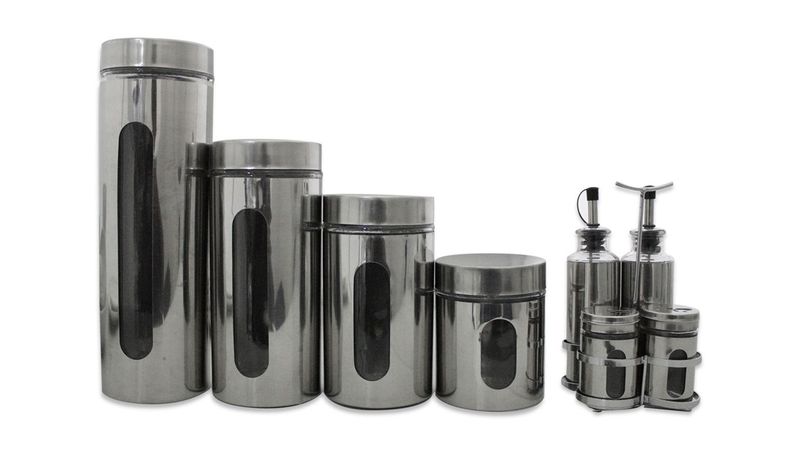 9 Piece Glass Canister Food Storage, Shaker &amp; Spice Jars with Holder Set