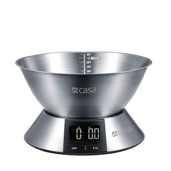 CASA Digital Kitchen Scale + 2.25L Large Stainless Steel Bowl | LCD Display