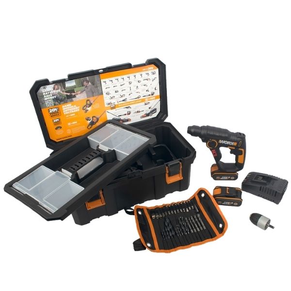 Worx - Rotary Hammer Drill, 2 x 2.0Ah Batteries, Charger &amp; 30 x Drill Bits