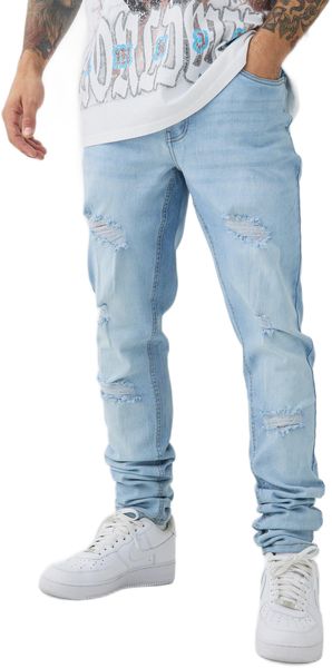 boohooMAN - Men's Skinny Stretch Stacked Ripped Jeans - Ice Blue