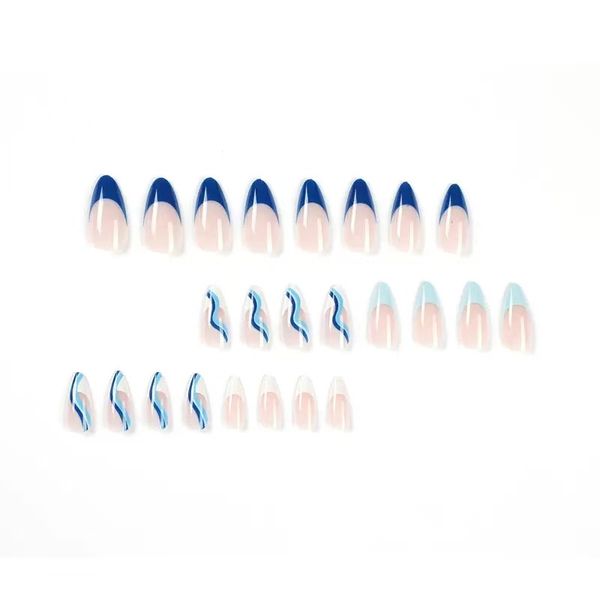 Blue And White Color Blocking French Wave Nail Art Wearable False Nails