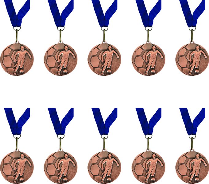 Medals Soccer Bronze with Blue Ribbon - Pack of 10