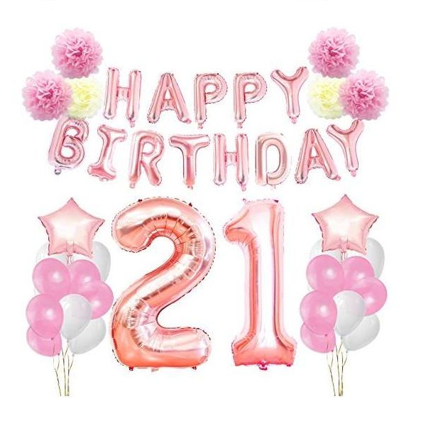 21st Happy Birthday Party Balloon And Pom Set Decoration - Rose Gold