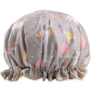Dewy - Shower Cap - Bath Hat - Double Lined, Large - Grey Unicorn Cartoon