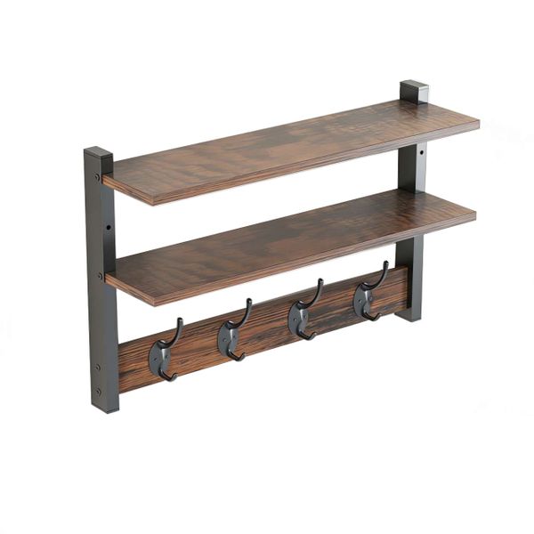 2 Tier Wall Shelf with Hooks, Coat Rack Wall Mount with Shelf