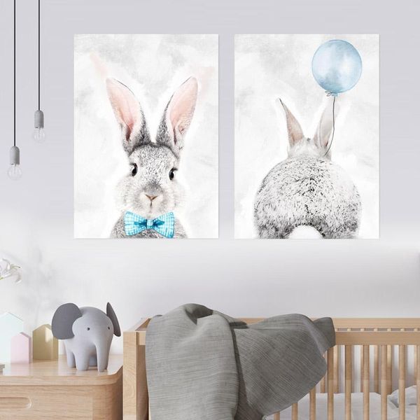 Grey &amp; Blue Bunny - A2 - Canvases - 3.5cm -Set Of 2