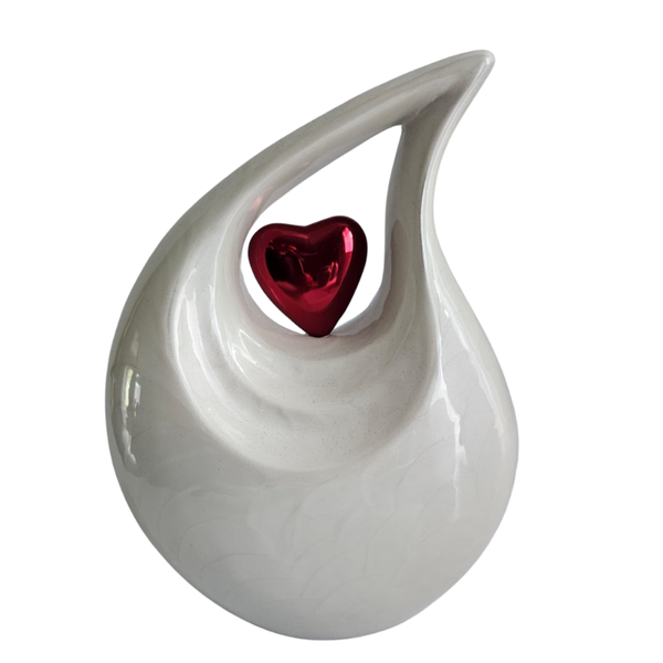 White Tear Drop With Red Heart Aluminium Memorial Cremation Urn For Ashes