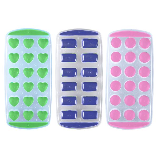 3 Pack of Ice Cubes Silicone Bottom Tray Set (Round, Heart, Square)