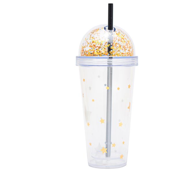 Double Wall Acrylic Travel Cup With Straw - Clear With Gold Glitter