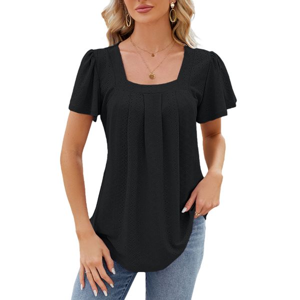 Women's Short Sleeve Tunic Tops Summer Square Neck Ruffle Sleeve T-Shirts