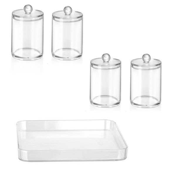 5 pcs Cosmetic Makeup Storage Organizer Jars w/ Transparent Qtip Holder