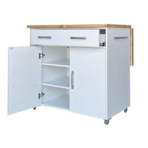 Large Kitchen Island on Wheels with Fold-Out Table &amp; Shelves - White