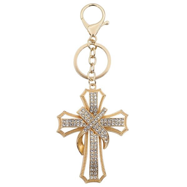 Stainless Steel Cross Keychain, Stylish Rhinestone Christian Key Ring