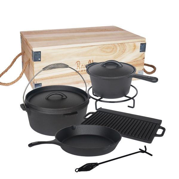 Bon Voyage 7 Piece Pre-Seasoned Heavy Duty Cast Iron Camping Set