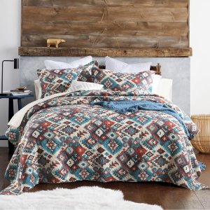Luxurious Patchwork Bedspread 100% Cotton Quilted Embroidered-IvoryBlue