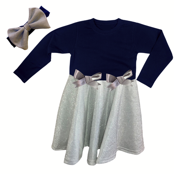 Girls Princess Special Occasion - Long Sl-Glitter Dress &amp; Headband - Navy &amp; Silver