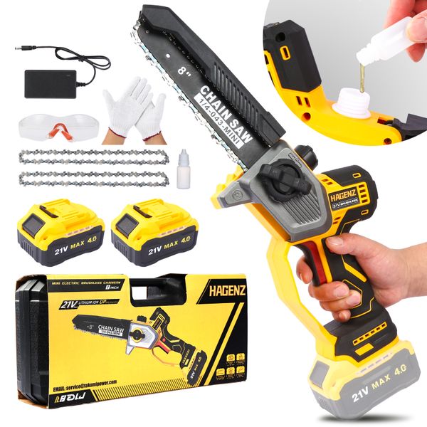 Hagenz 20cm Chainsaw Cordless Brushless Handheld Chainsaw with 2x4000mAH