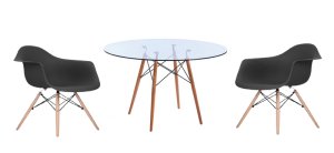 Modern 3 Piece Glass Table and Black Wooden Leg Chairs