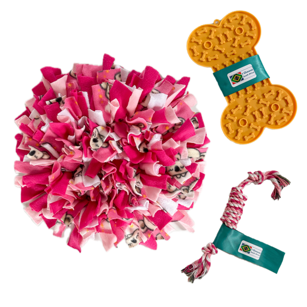 Pet entertainment/slow feeding bundle - snuffle mat, lick mat, rope toy