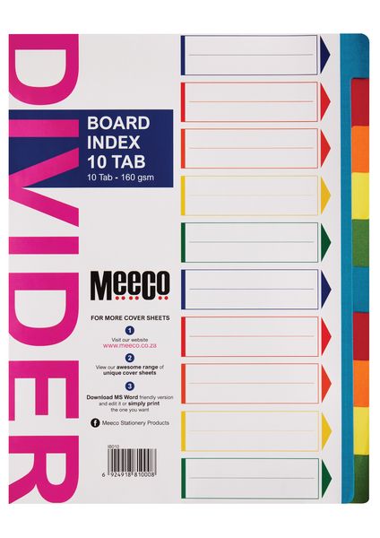 Meeco A4 10 Tab Bright Multi Colour Board Dividers