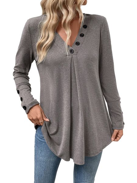 Women's Long Sleeve Fall Top V Neck Button Casual Dressy Blouse Loose Tunic