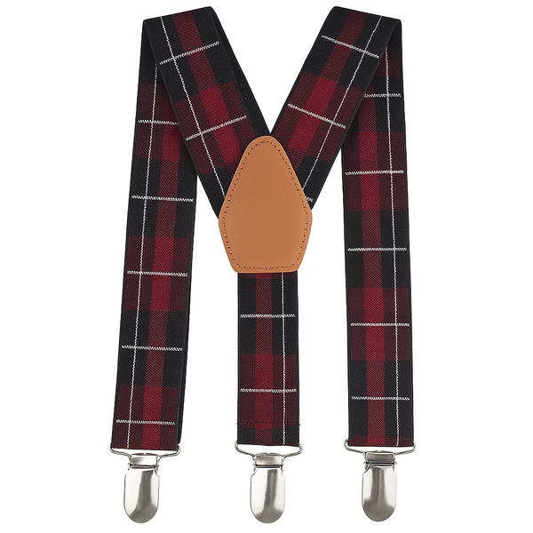 Men's Classic Red and Black Checkered Suspenders with Leather Detail