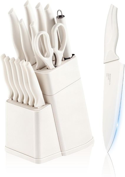 HOMGEM 15 Pieces Kitchen Knife Block Set with Sharpener,White