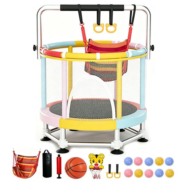 Kids Trampoline With Safety Net Adjustable Gymnastics Bar Swing &amp; Ball Set