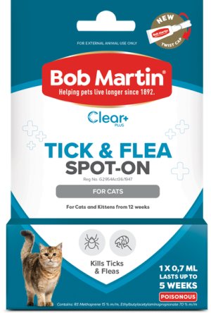 BOB MARTIN Clear+ Tick &amp; Flea Spot-On for Cats 0,7ml