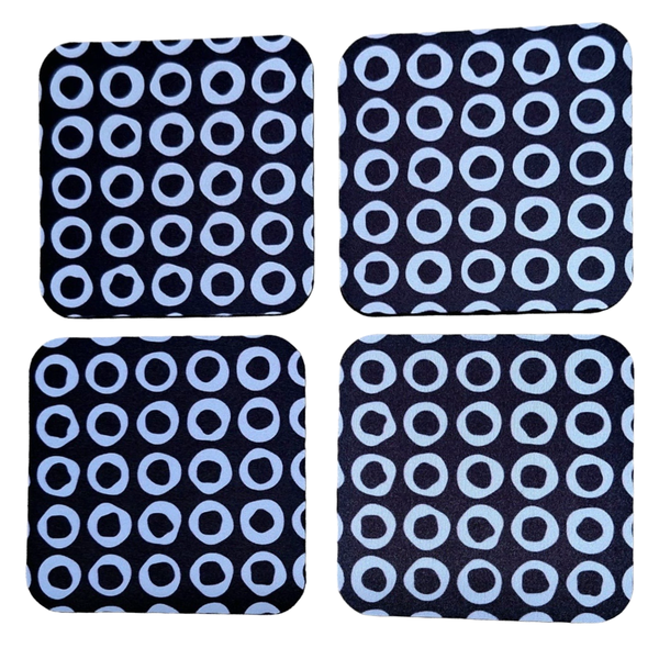 Coasters with Rubber Backing - Black with White Circles