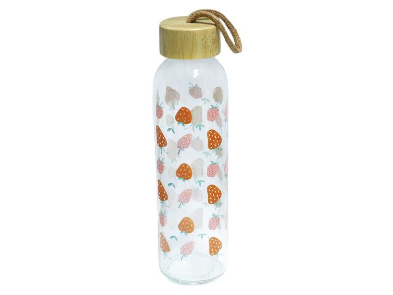 Glass Water Bottle with Carrying Loop - Strawberry Print - 500ml