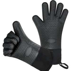 1 Pair Silicone Heat Resistant BBQ &amp; Braai Gloves with Hanging Loop - Black