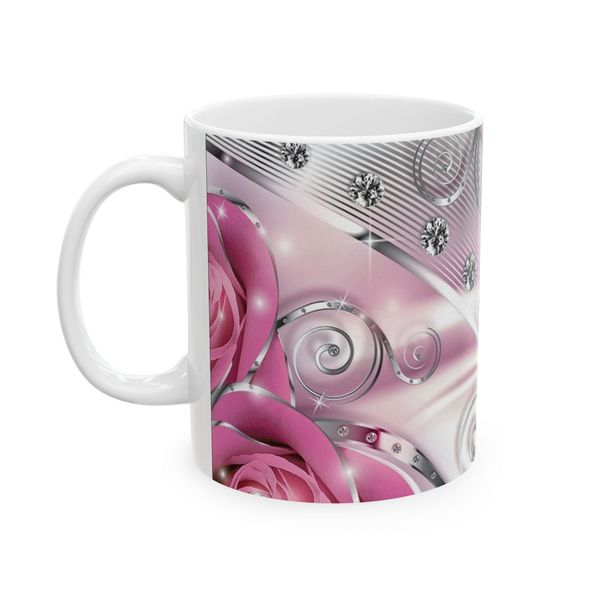 Rose Mug - Pink Roses And Silver Swirl Pattern With Gem Shapes
