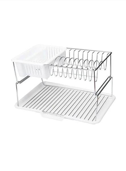2 Tier Stainless Steel Dish Rack - White