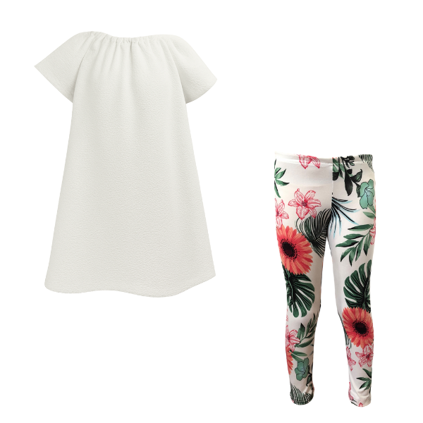 Baby/Toddler/Kids-Gathered Peasant Neck-Top&amp;Capri Legging-D -White Floral