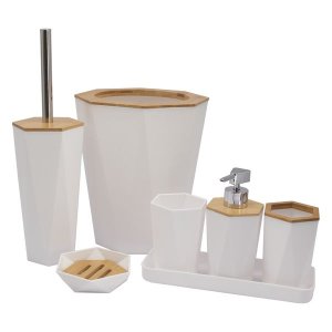 Bathroom Set, Plastic with Bamboo Lid 7 Pce