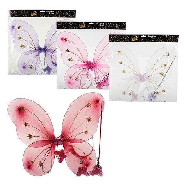 Dress Up - Fairy Wings &amp; Wand - Kids - 3 Colours Assorted - 4 Pack