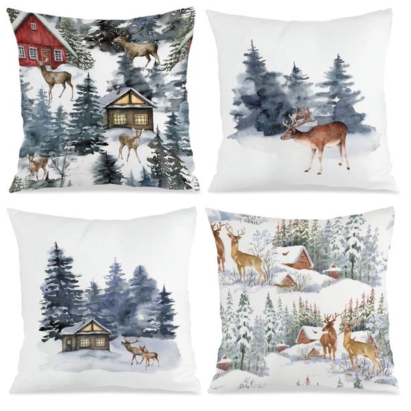 4PCS Snowscape Printed Cushion Cover, 45x45cm Hidden Zippered Cushion Cover