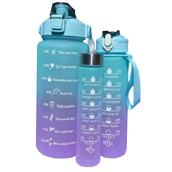 3 Piece Water Bottles - 2L, 1L, 0.5L - Blue&amp; Purple - Motivational