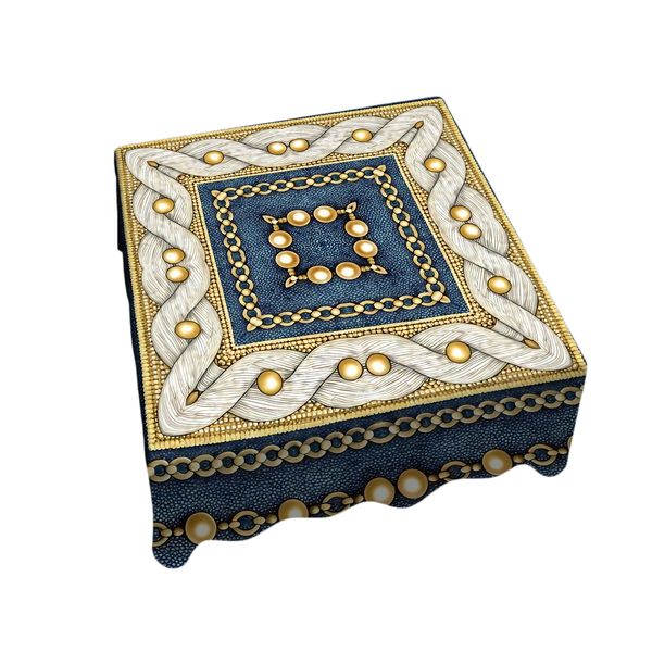 Gold Chain and Pearl Pattern on Blue Square Tablecloth