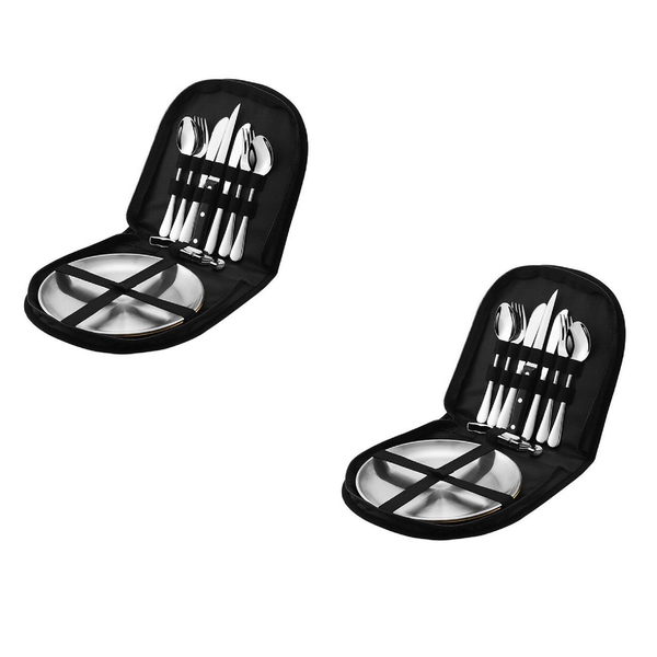 2 Pack-Outdoor Stainless Steel Cutlery Set Portable Camping Barbecue Plate