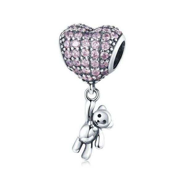 925 Sterling Silver Bear Heart Balloon Bracelet Charm / Pendant